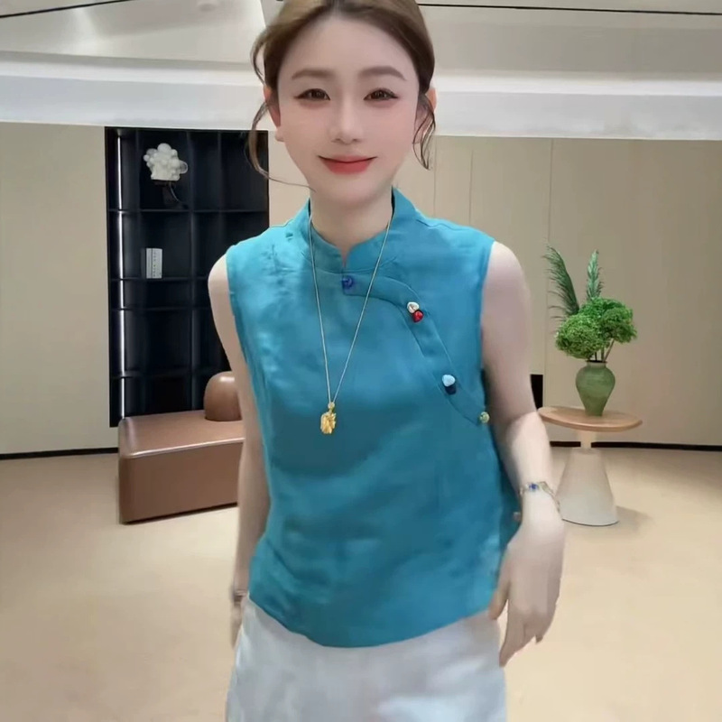 Summer Retro Colorful Buttoned Stand-Collar Chinese-Style Sleeveless Top for Women 2026 New Stylish Slim-Fit Versatile Thin Blouse