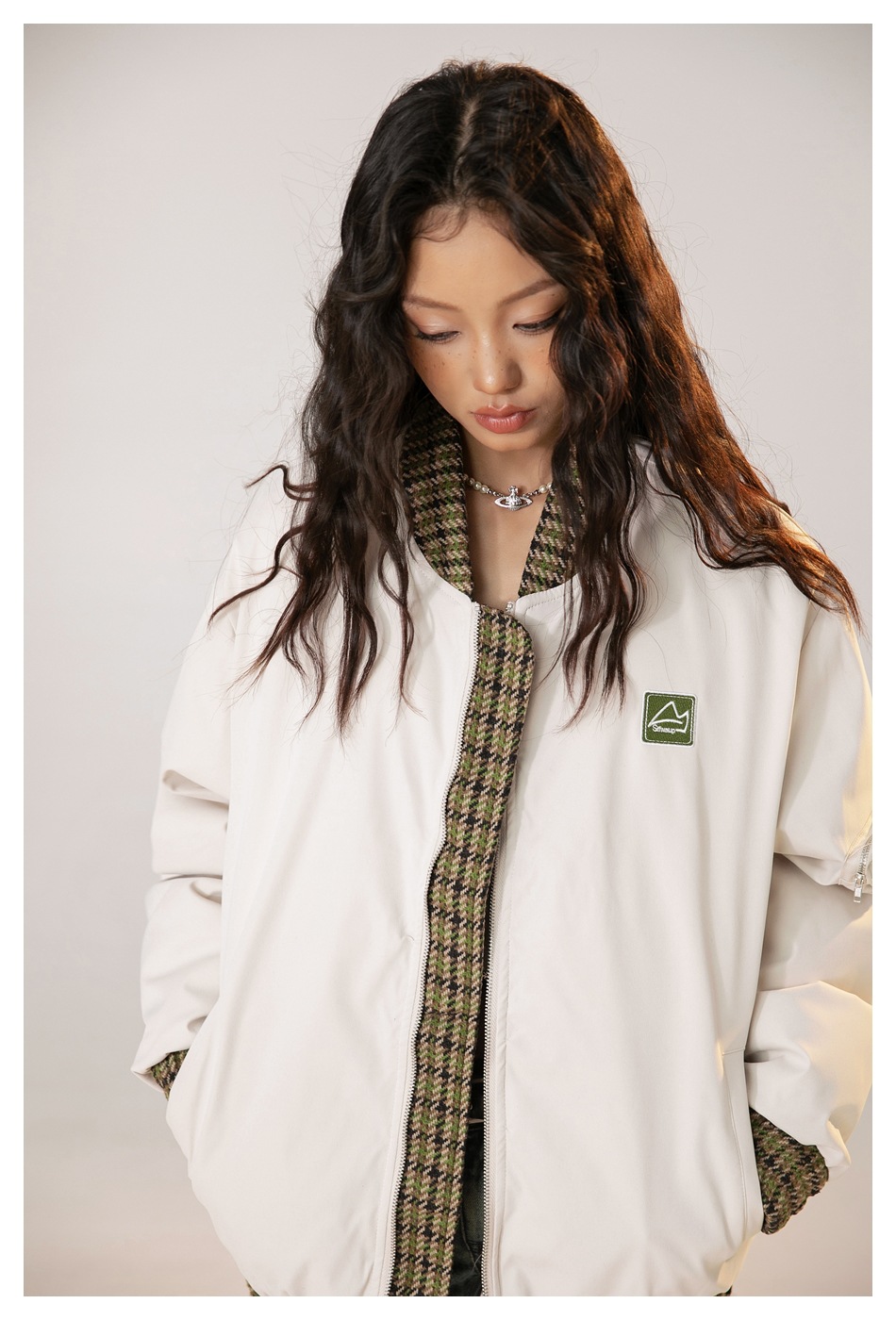 STIWAUP Thousand Bird Grid Splicing Trendy Pilot Coat Winter Men's and Women's Cotton Jacket MY388_voghion.com