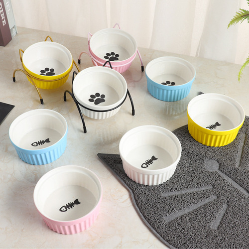Pet Bowl Ceramic Cat Basin Grain Water Basin Cat Bowl Color Glaze Bowl Pet Supplies Drinking Bowl Double Bowl One Piece Dropshipping