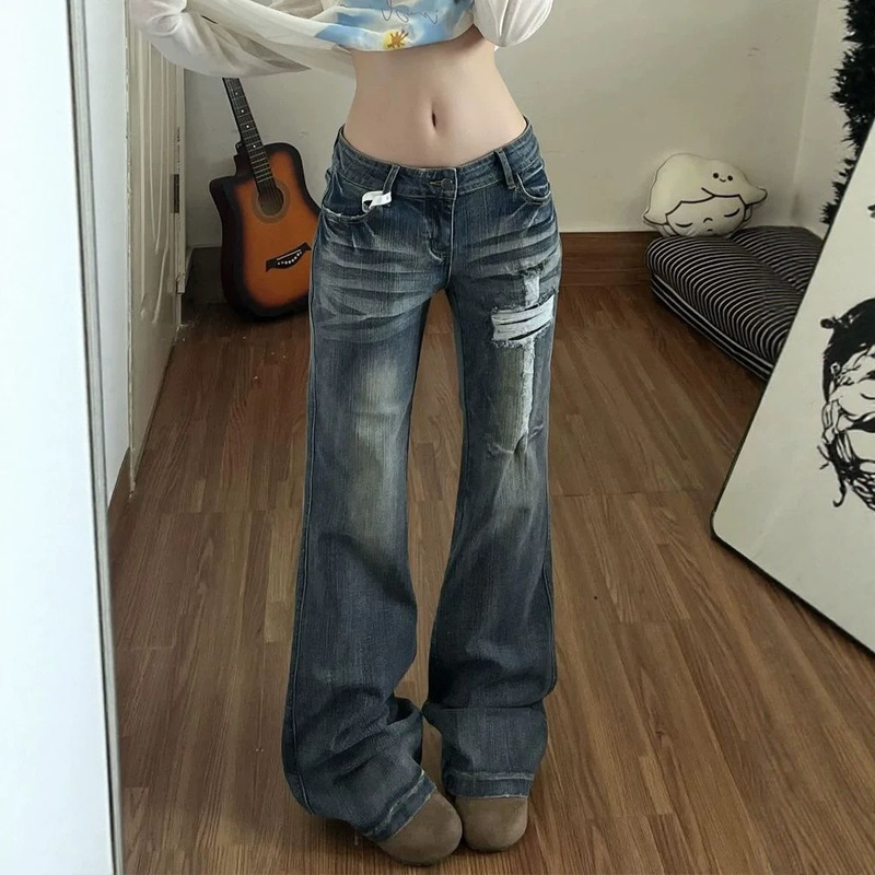 American Retro Street Style Hot Girl Low-Waist Ripped Design Washed Denim Pants Summer Thin Slim Fit Flared Pants