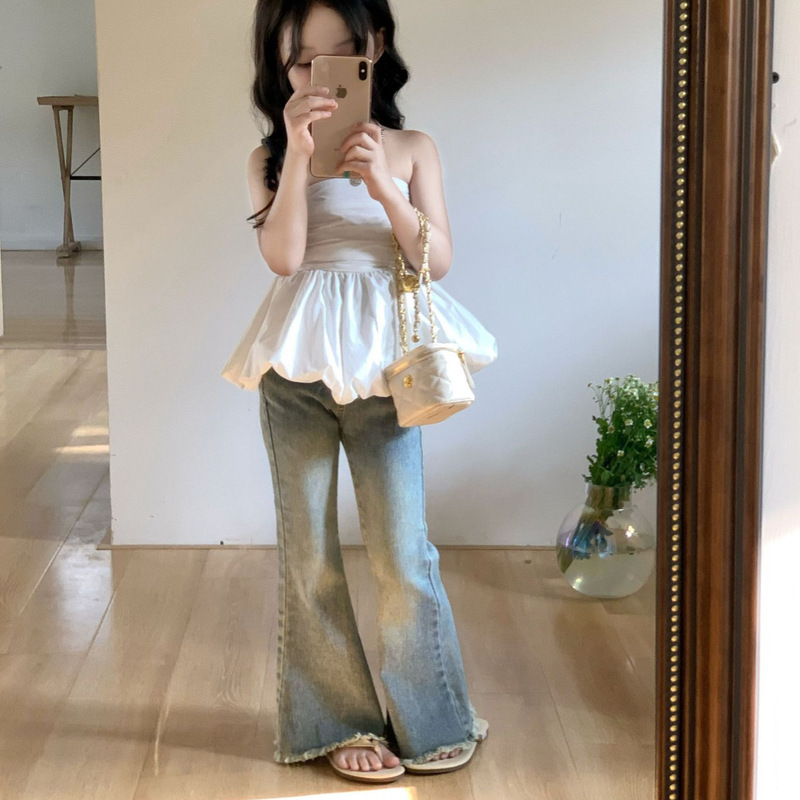 Girls' Pants Summer New Korean Style Flared Pants Children's Retro Hong Kong Style Frayed Denim Long Pants Cross-Border Wholesale