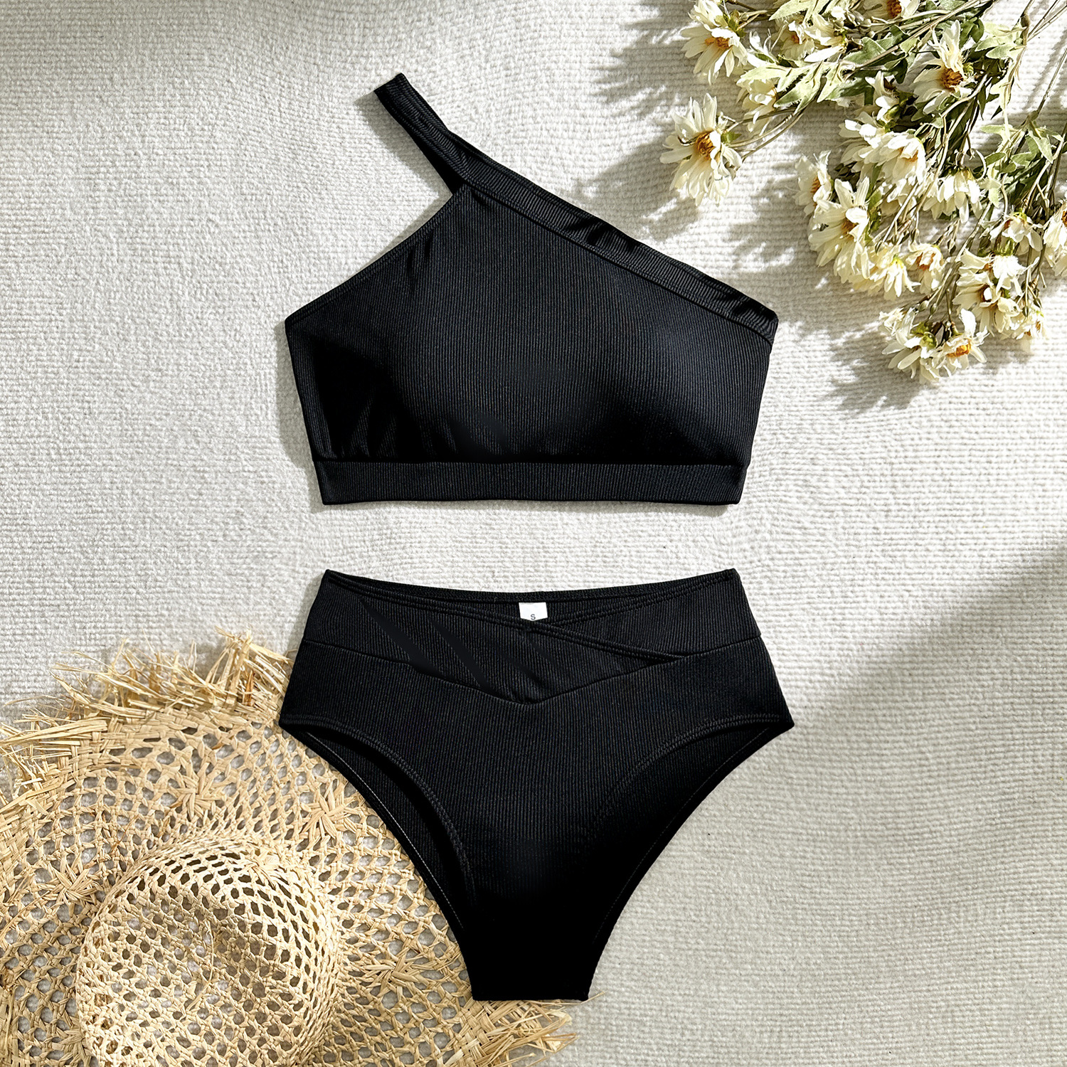 One-shoulder Split Sunken Stripe High Waist Swimsuit