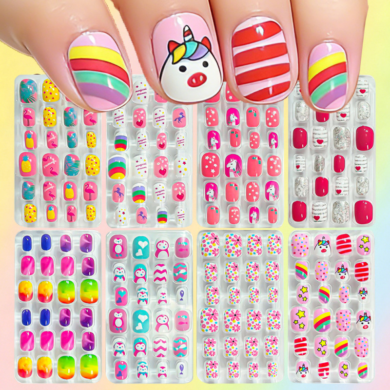 Children's Short Square Round Nails with Unicorn, Penguin, Flamingo, Floral, Rainbow Cartoon Designs, Including Jelly Glue Children's Short Square Round Nails with Unicorn, Penguin, Flamingo, Floral, Rainbow Cartoon Designs, Including Jelly Glue