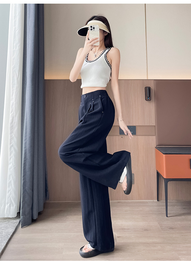 Quần ống rộng vải lụa băng đa năng nữ, phong cách sang trọng mỏng nhẹ mùa hè, quần ống đứng vải lanh Tencel — Màu xanh hải quân (kiểu thông thường) chi tiết 55