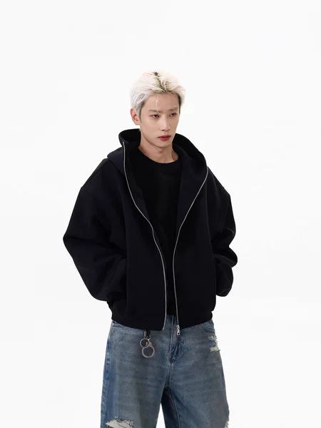 High Street Cleanfit Pure Color Cardigan Hooded Sweatshirt Men's Autumn and Winter Boxy Short Zipper Casual Versatile Jacket