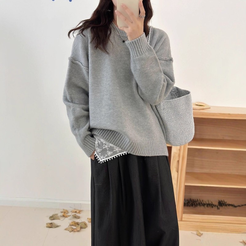 跨境袖子反套针织套头毛衣女秋冬新款韩系休闲风圆领内搭针织衫潮|undefined