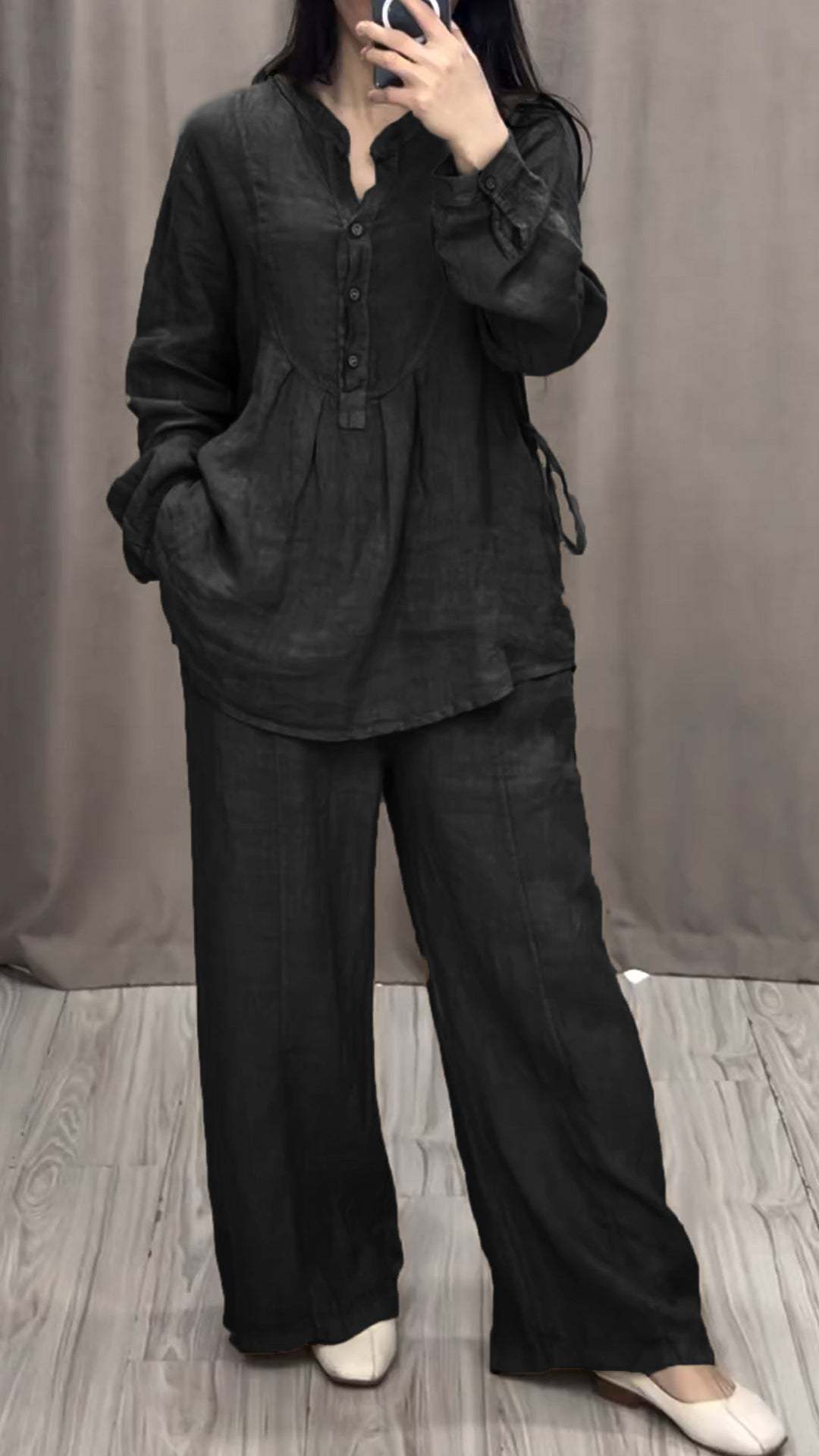 Women's Clothing Fashionable And Comfortable Women's Cotton Linen Suit Long Sleeved Half Open Casual Pleated Wide Leg Pants Autumn_ecoleips.com