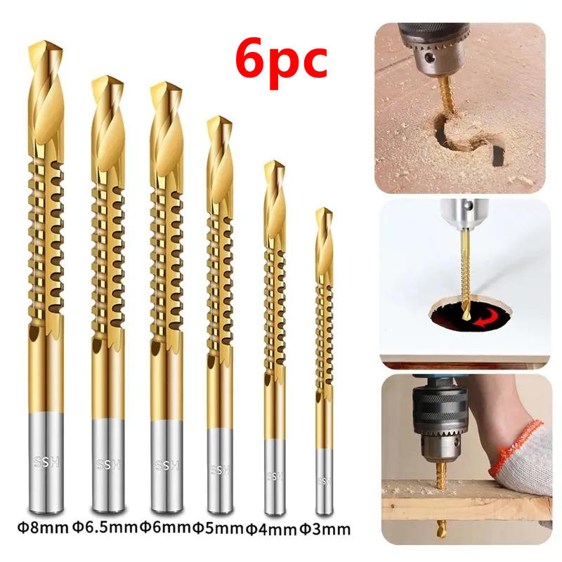 Drill and Saw Combo Twist Drill Bit Set for Electric Drills, 6pc High-Speed Steel Multi-Function Metal and Woodworking Grooving Serrated Drill