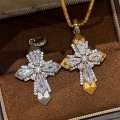 纯银S925拉丝工艺高碳钻十字架项链vintager中古轻奢高级小众设计
