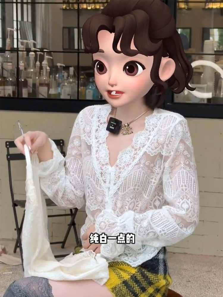 Полупрозрачная кружевная блузка с V-образным вырезом в стиле Chanel для женщин, осенне-зимняя атмосфера, короткий шифоновый топ крючком.