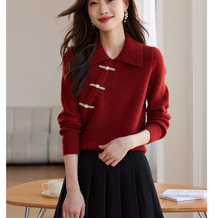 European-style Christmas red long-sleeved pullover sweater for women autumn and winter New National style buckle design wool sweater top