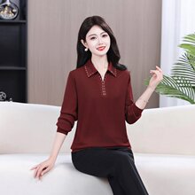 妈妈装秋冬翻领针织衫女烫钻宽松显瘦中老年洋气可外穿打底衫上衣