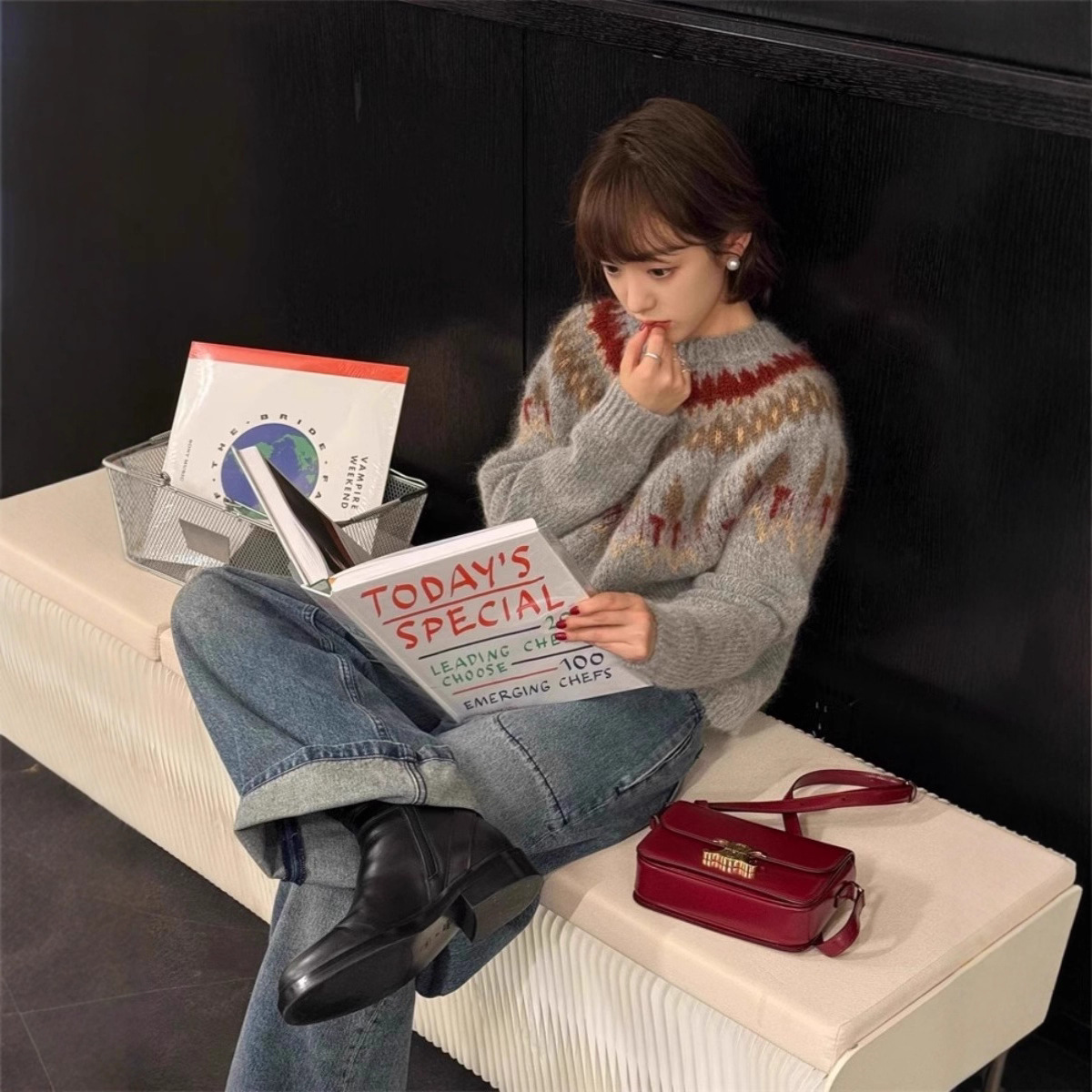 灰色费尔岛针织马海毛提花毛衣女秋冬季圣诞韩系穿搭宽松慵懒上衣