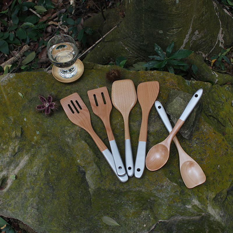 日式彎鏟 銀色手柄木勺 三線牛肉煎鏟 沙拉攪拌勺 公勺