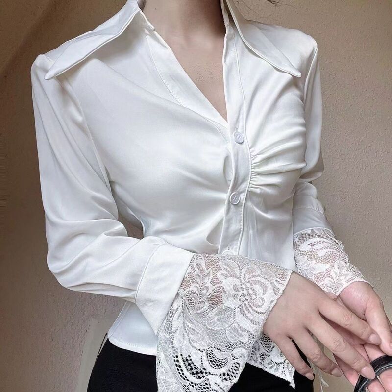 Elegant Lace Splicing Lapel Long-Sleeved Shirt for Women 2025 Autumn New Style Waist Slimming Chic Shirt Elegant Lace Splicing Lapel Long-Sleeved Shirt for Women 2025 Autumn New Style Waist Slimming Chic Shirt