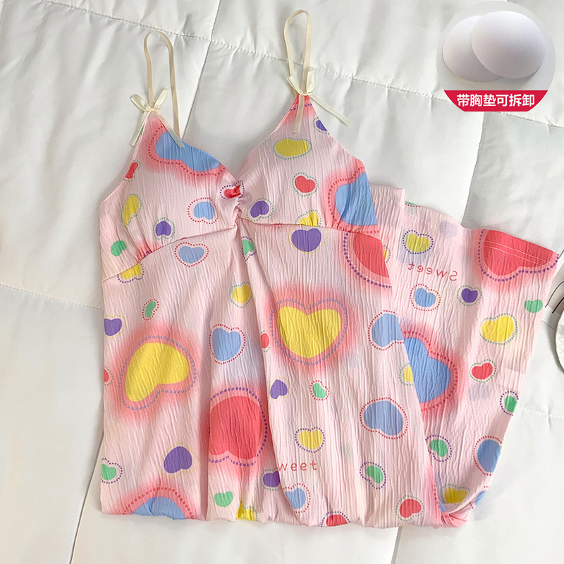 Verano nuevo estilo dulce amor camisón falda media femenina con almohadilla en el pecho lindo algodón imitación pliegue tirantes hogar camisón delgado