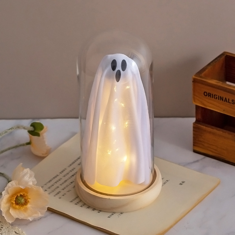 귀여운 유령 야간 조명 + 따뜻한 램프(나무 베이스)