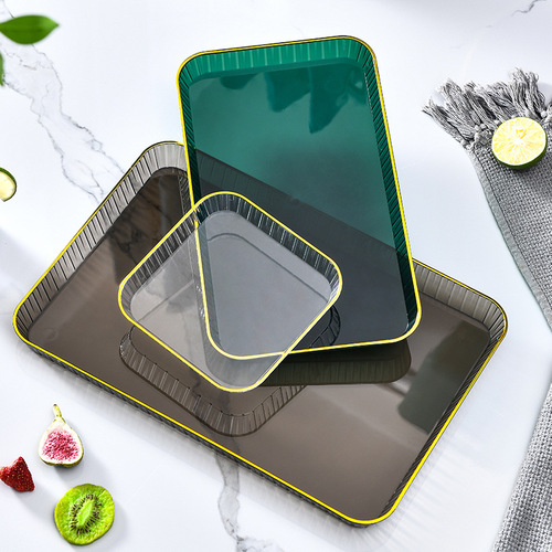 Nordic light luxury tea tray home tea cup water cup living room coffee table transparent gold edge tray rectangular dinner plate