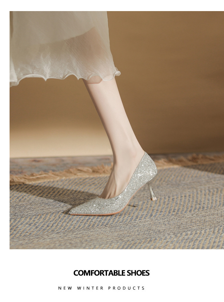 Giày cao gót mũi nhọn sequin lấp lánh CG6018 – miệng nông, gót nhọn — Màu Sâm panh chi tiết 10