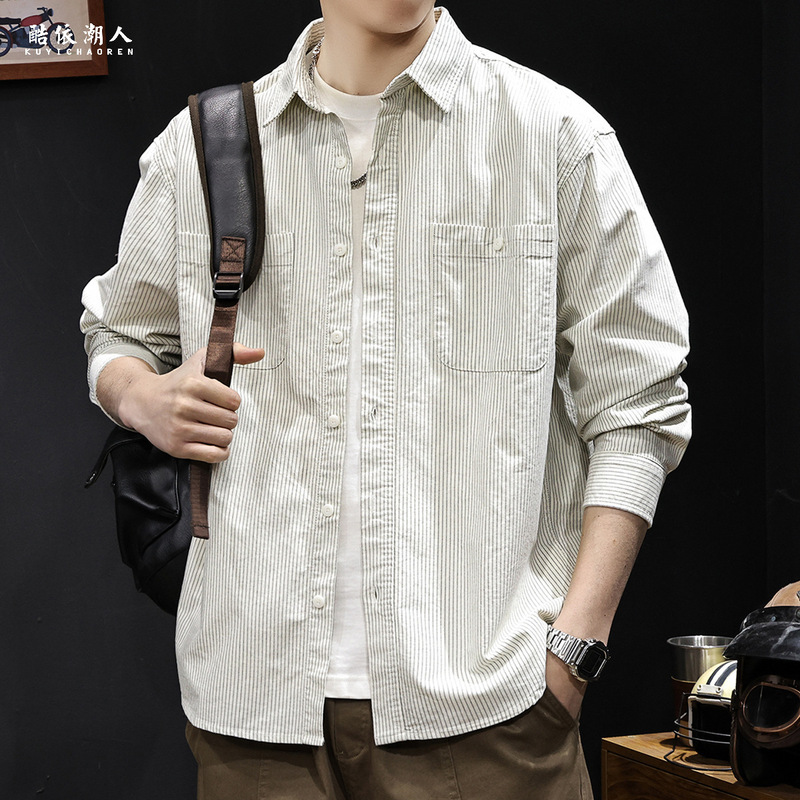 Striped American Shirt Men's Long-sleeved Spring 2025 New Casual Clothes Fashionable All-match High-end Sense plus size Spring and Autumn