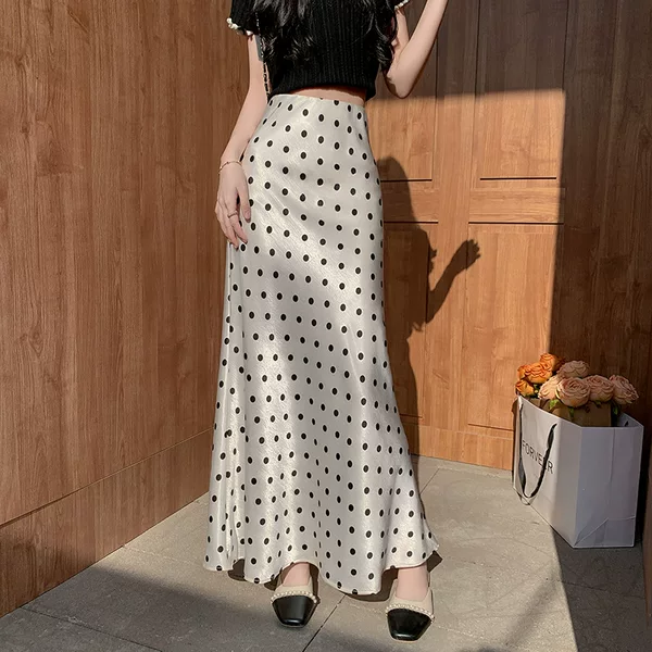 Acetate Satin Polka Dot Fishtail Skirt Spring and Summer New High-Waisted Drapey Hip-Covering Slimming Hip-Covering Mid-Length Skirt