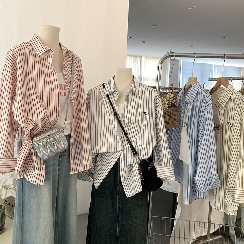 Omalai Embroidered Letter Stripesd Lapel Long-Sleeved Mid-Length Shirt + Letter Vest Two-Piece Top 2204