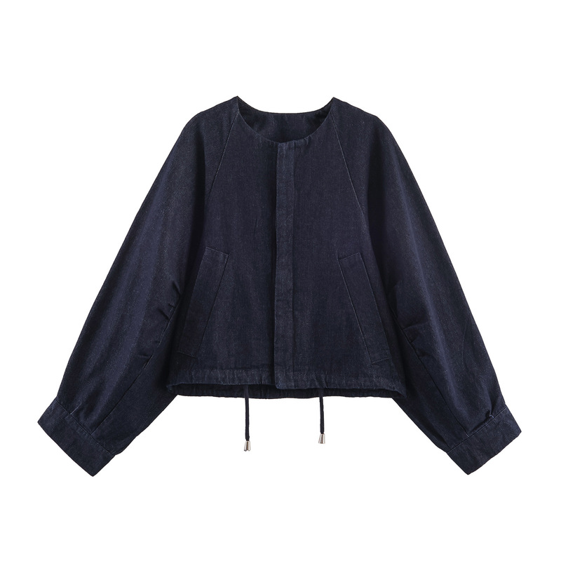 2025 Autumn Casual Women's Round Neck Bat Sleeve Fluffy Bomber Denim Jacket Short Jacket 2025 Autumn Casual Women's Round Neck Bat Sleeve Fluffy Bomber Denim Jacket Short Jacket