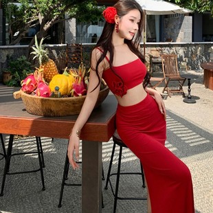 Seaside Vacation Dress Women's Sexy Pure Flower Red Hot Girl Vest Sling High Waist Slimming Hip Dress