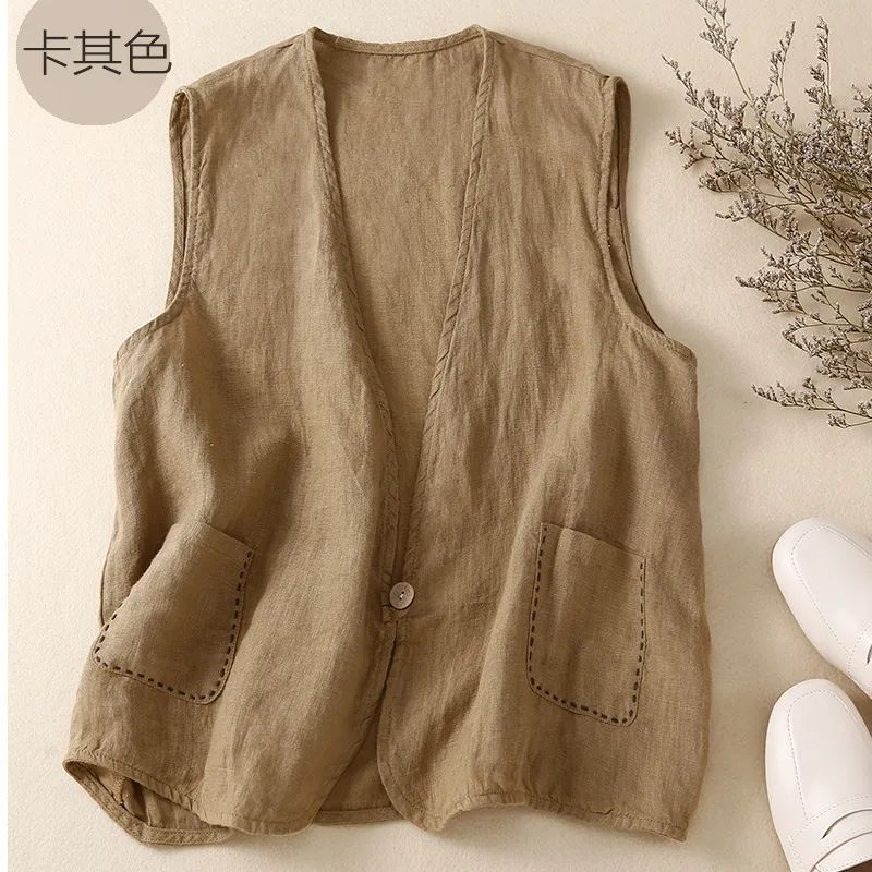 Remaining Stock Cotton and Linen Women's Summer New Artistic Loose Slimming Thin Cardigan Vest Retro Waistcoat Small Jacket