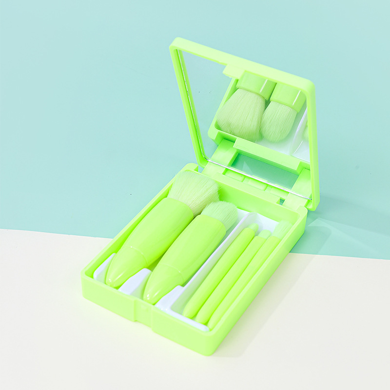 Set de brochas de maquillaje con espejo, 5 brochas, espejo, cerdas suaves, estuche portátil de viaje, brocha para base, brocha para polvos sueltos, brocha para sombras de ojos.