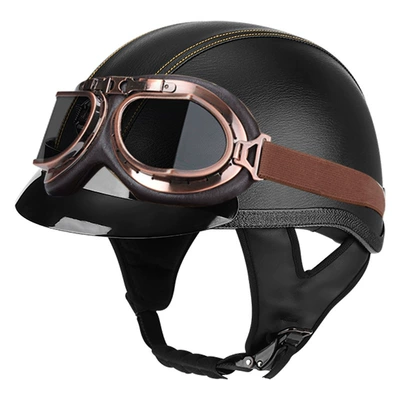 Motosiklet kaskı (dəbilqə) – car retro helmet half helmet safety - black-leather-pattern-yellow-line-brim-bronze-mirror-m56-57cm