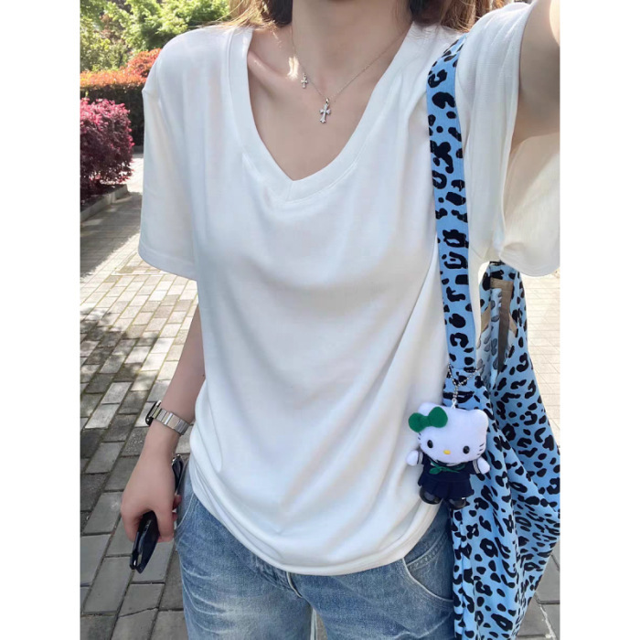 韩系简约休闲V领灰色慵懒风短袖T恤女夏新款宽松垂感百搭半袖上衣|undefined