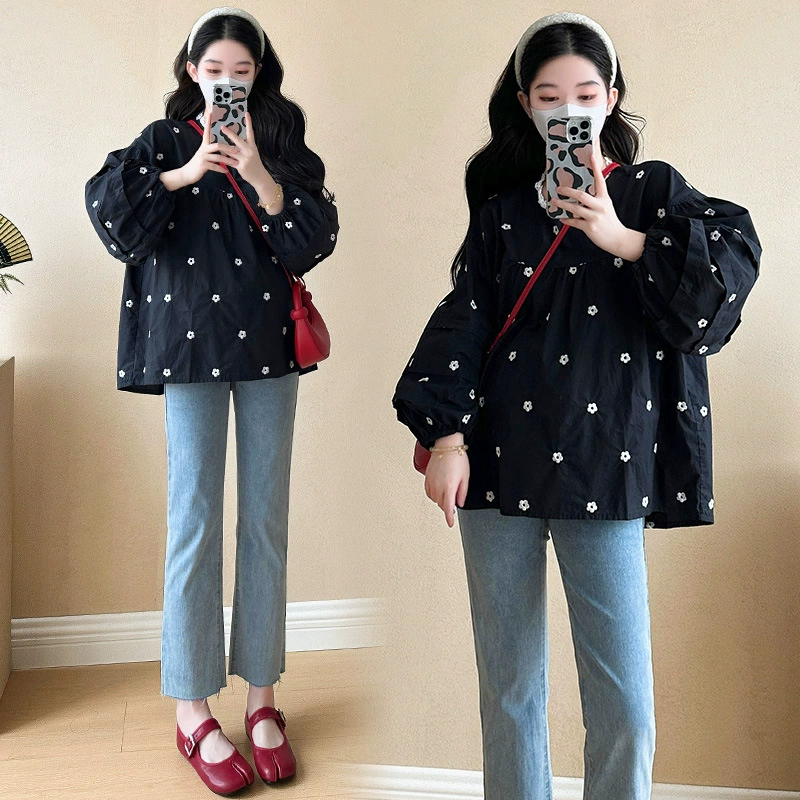 Туфли для беременных ранней весны 2025 модные маленькие свободные рубашки с вышивкой