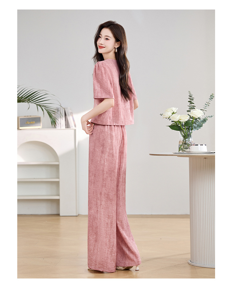 Bộ đồ công sở nữ mùa hè áo vest nhỏ phối quần ống rộng hai mảnh HE9837 — Màu hồng, Màu Kaki chi tiết 23