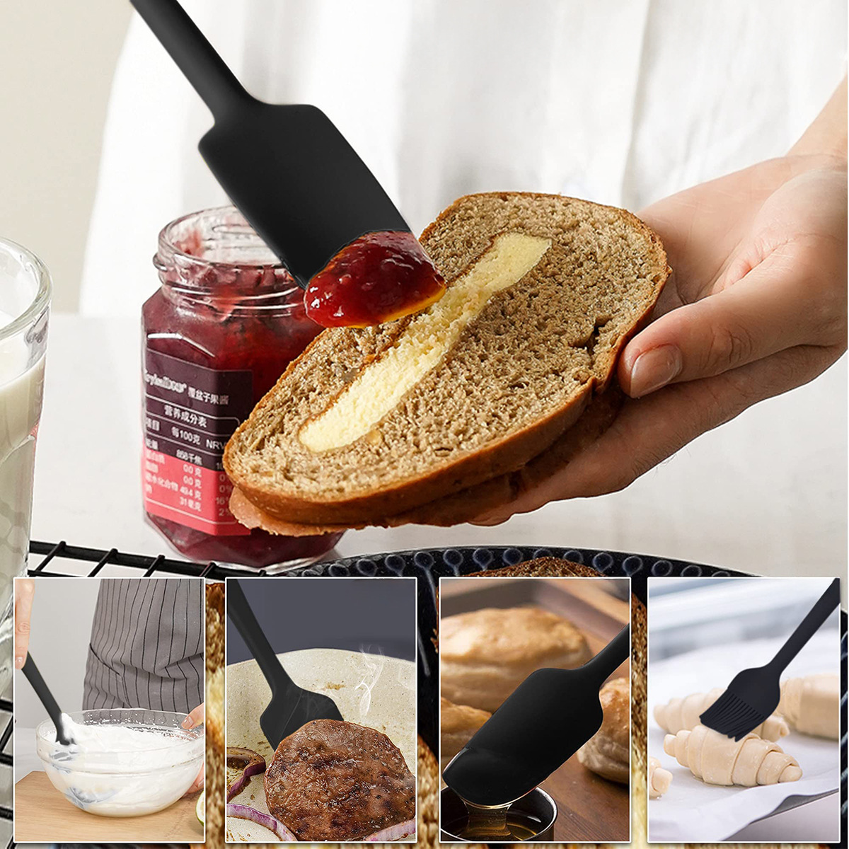 Yüksek Sıcaklık Dirençli Silikon Kazıyıcı Seti 6'lı Paket Krem Tek Parça Kazıyıcı Spatula Fırça Çeşitli Boyutlarda Silikon Mutfak Aletleri