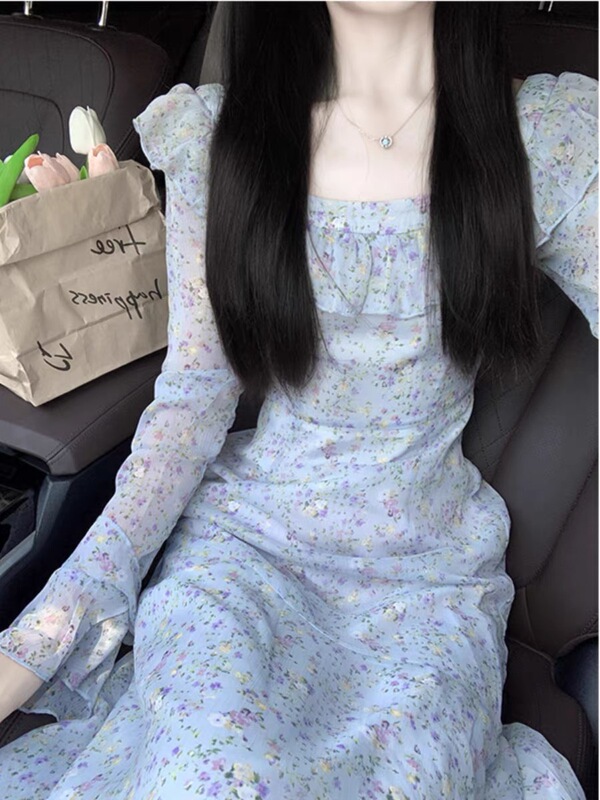 大码裙子女秋季2025新款法式气质碎花长袖早秋连衣裙胖mm显瘦长裙|undefined
