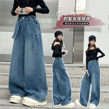 女童腰包牛仔裤2025秋季新款小女孩阔腿裤中大童洋气直筒长裤套装