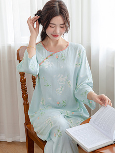 55 Women's Pajamas Spring and Autumn Style Cotton Silk New Chinese Style Home Wear Can Be Worn Outside National Style Air-Conditioned Room Cotton Silk Set Summer Large