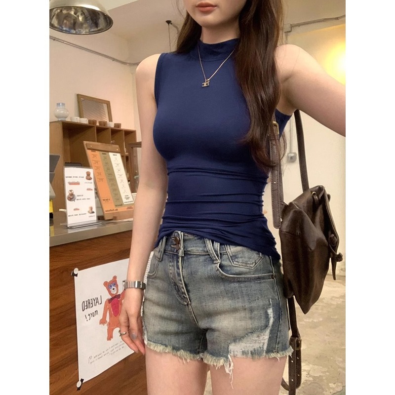 アメリカンデザインのノースリーブハーフタートルネックベスト女性用2025夏アウターユニークで美しいスリムTシャツベスト|undefined