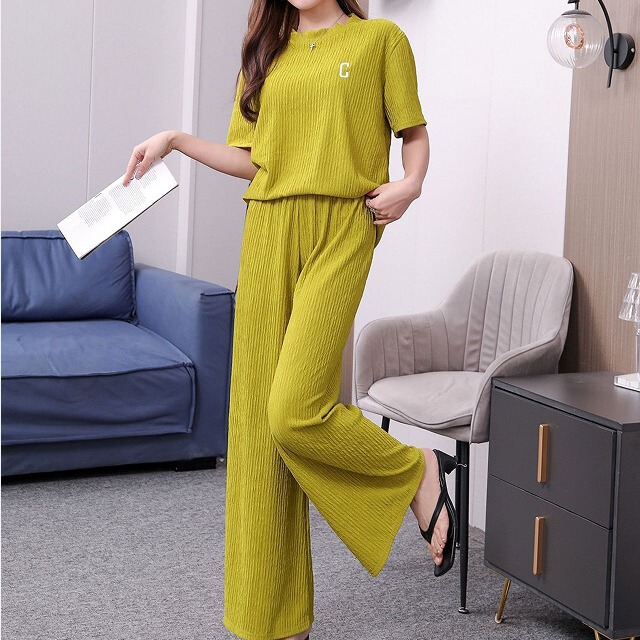 Qianye Pajama Set for Women, Summer Thin Style, Pleated Home Wear, Letter C Embroidery, Short-Sleeve Top and Long Pants Two-Piece Set