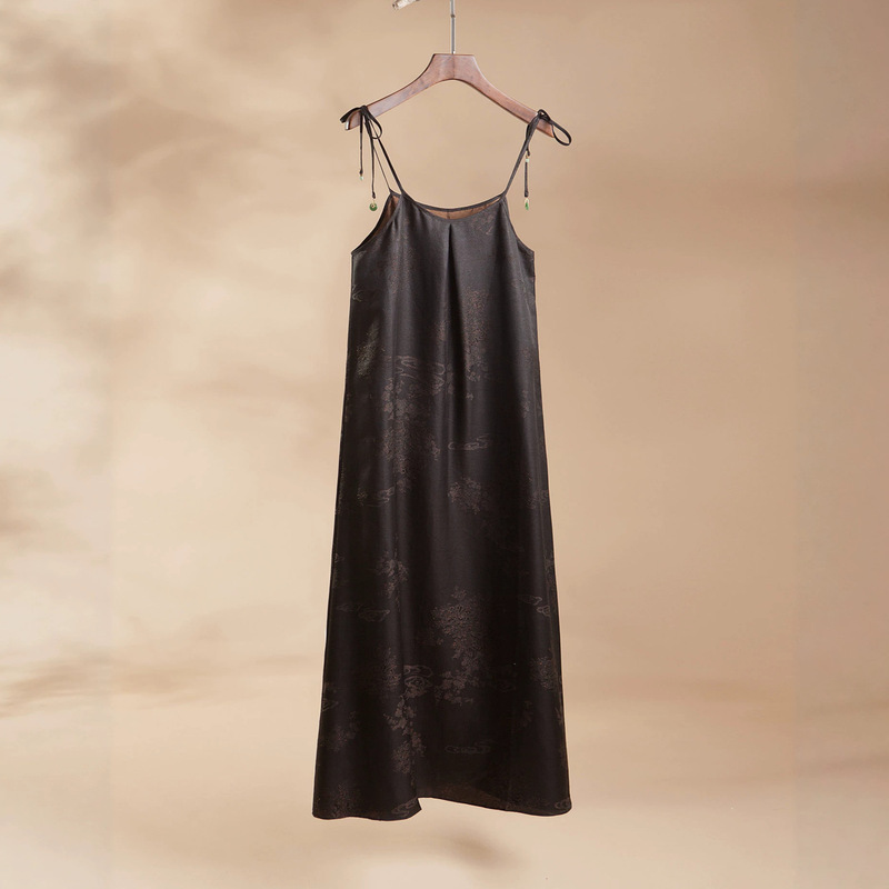 Silk Xiangyun Yarn Gold-Woven Suspender Dress 2026 Summer New Style Heavy Silk Drapey Vintage Long Dress