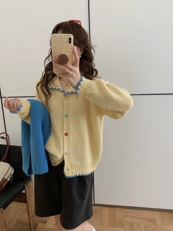 韩系拼色娃娃领彩扣针织开衫女2025秋冬新款宽松百搭软糯毛衣外套|undefined