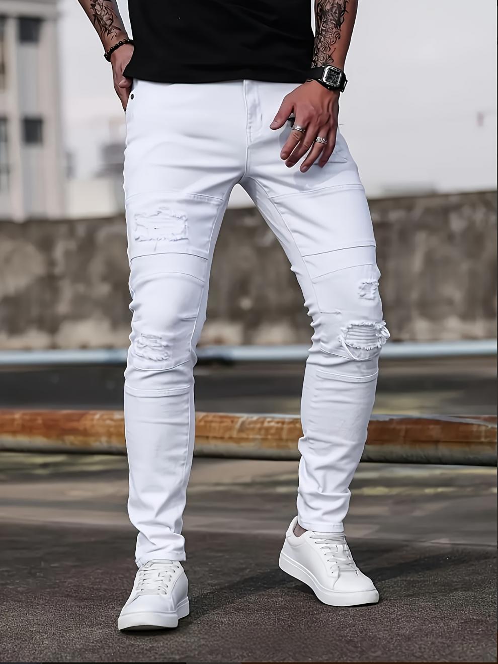 Classic Slim Fit Stretch Jeans Straight Leg Casual Men's Clothing White Stylish_mkmklike.com
