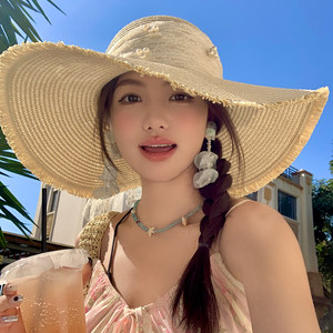 レースリボン付きつば広麦わら帽子 レディース海辺ビーチ日よけ帽子 