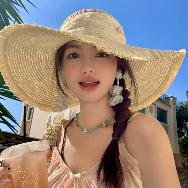 Lace Bow Large Brim Straw Hat 2026 New Style Seaside Beach Sun Protection Hat for Women Beautiful Sun Hat