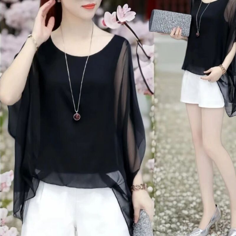 Summer Ultra-Thin Plus-Size Slimming Black Top with Flying Sleeves to Cover the Belly, Mid-Length Ice Silk Blouse for Women