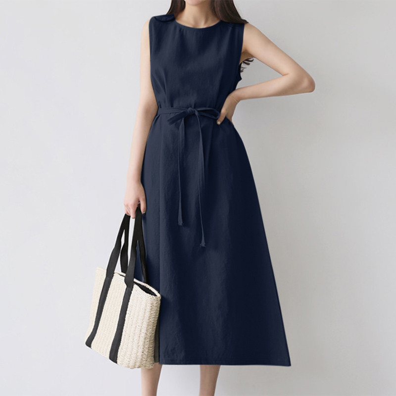 European And American Cross-border Women's Fashion Loose Bohemian Sleeveless Round-neck Solid Color Cotton-linen Long_ecoleips.com