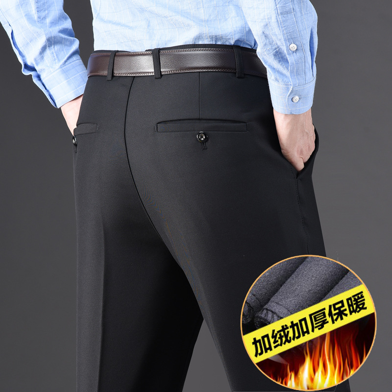 Pantalones de traje gruesos de otoño e invierno pantalones de traje de mediana edad rectos para hombres pantalones de traje de mediana edad sueltos para hombres ropa formal de negocios forrada de lana engrosada para hombres