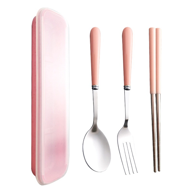 Internet celebridad mango de plástico vajilla portátil cuchara de acero inoxidable tenedor palillos caja de almacenamiento estudiante viaje de tres piezas conjunto traje