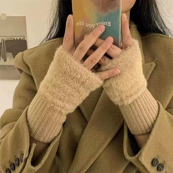 [毛绒半指手套咖色—加厚]
